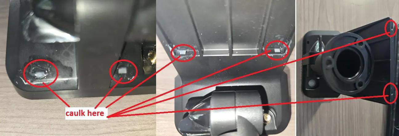 “Caulk Here” arrows pointing to the 4 holes on the back and 2 on the top